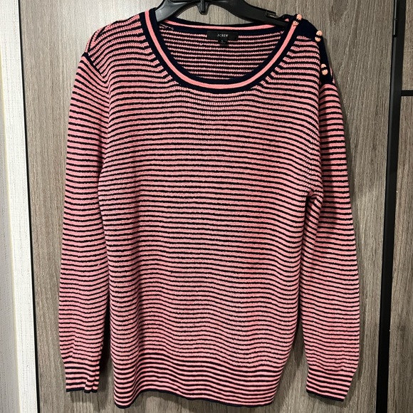 J. Crew Merino Wool Salmon and Navy Striped Sweater - Picture 1 of 7